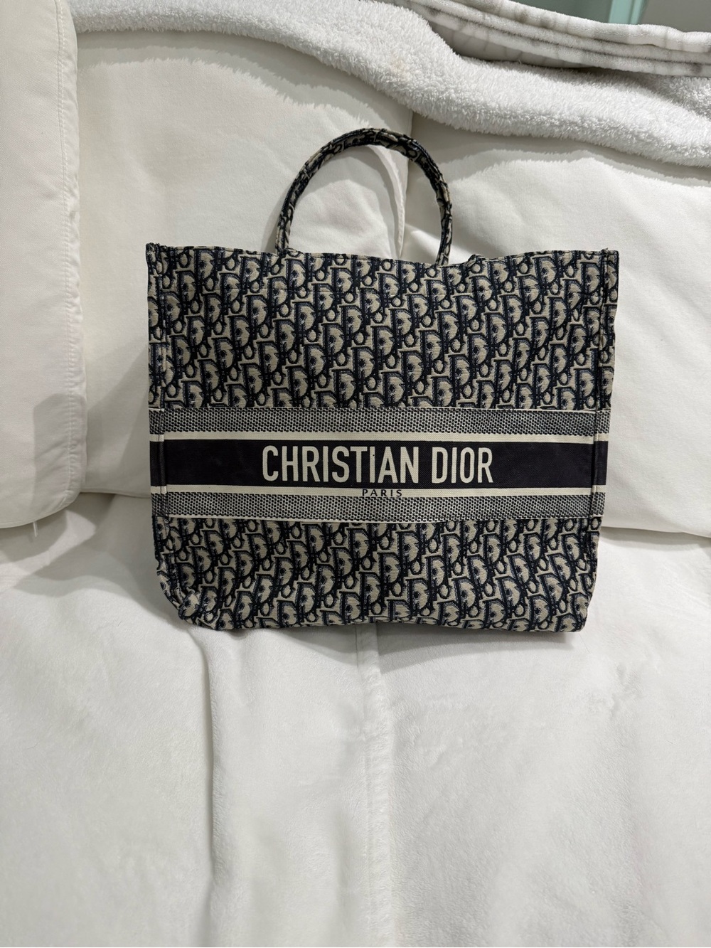 Navy & Ivory Oblique Canvas Tote with Stripe